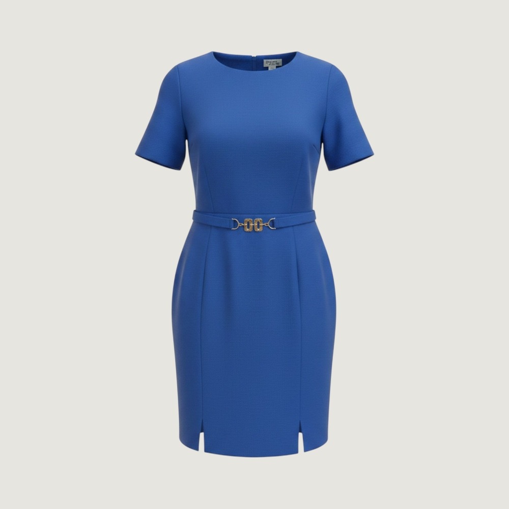 Vintage 90s Royal Blue Rayon Sheath Dress Short Sleeve Belted Size 16W‎ XL